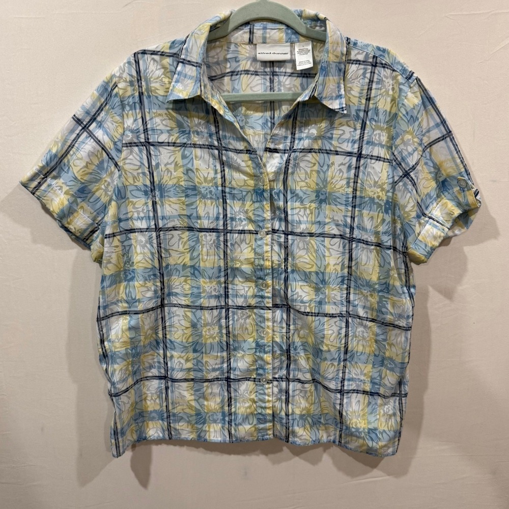 Alfred Dunner Women Blue Yellow Plaid Floral Short Sleeve Button Down Shirt L